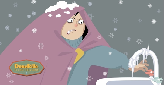 A homeowner looking at a frozen faucet in the middle of winter.