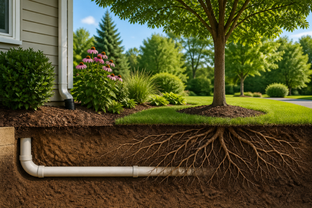 Tree roots growing near underground plumbing pipes