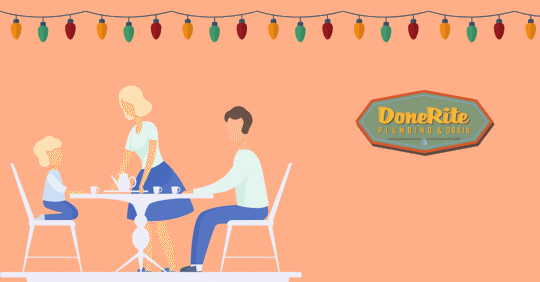 An illustration of a family sitting at a dinner table under colored string lights.